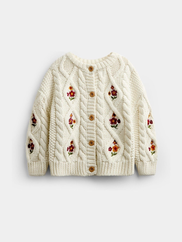 JoJo Maman Bébé Cream Floral Embroidered Chunky Cable Knit Cardigan - Image 1 of 4