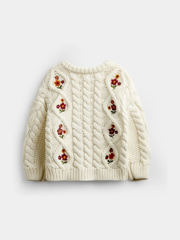 JoJo Maman Bébé Cream Floral Embroidered Chunky Cable Knit Cardigan - Image 2 of 4
