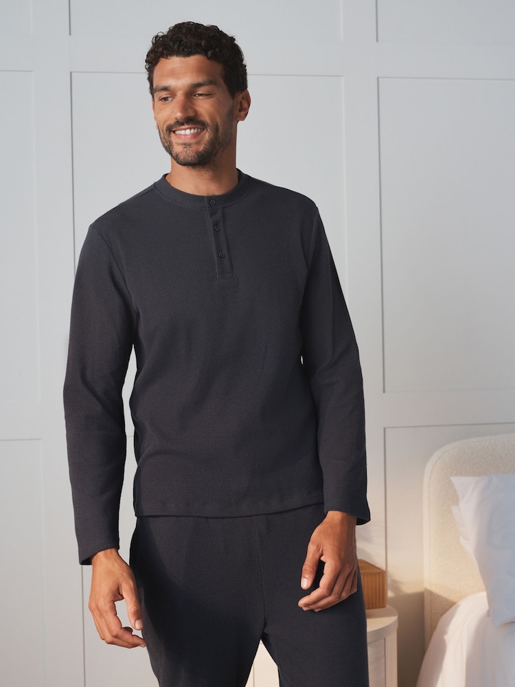 Charcoal Grey Grandad Collar Long Sleeve Waffle Pyjamas Set - Image 2 of 8 Charcoal Grey Grandad Collar Long Sleeve Waffle Pyjamas Set - Image 2 of 8