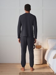 Charcoal Grey Grandad Collar Long Sleeve Waffle Pyjamas Set - Image 4 of 8