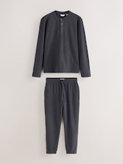Charcoal Grey Grandad Collar Long Sleeve Waffle Pyjamas Set - Image 9 of 15