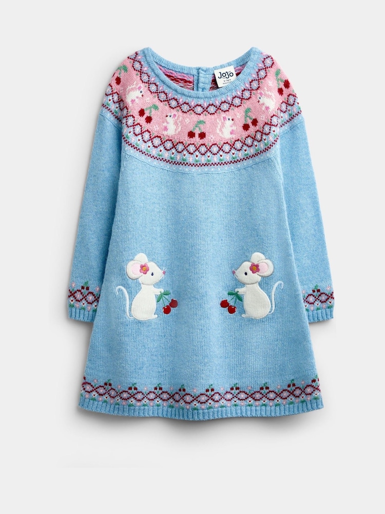 Jojo Maman Bébé Light Blue Mouse Fairisle Knitted Dress - Image 1 of 4