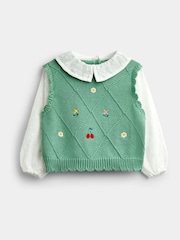 JoJo Maman Bébé Sage Green Cherry Woven & Knit Embroidered Collar Top - Image 1 of 4
