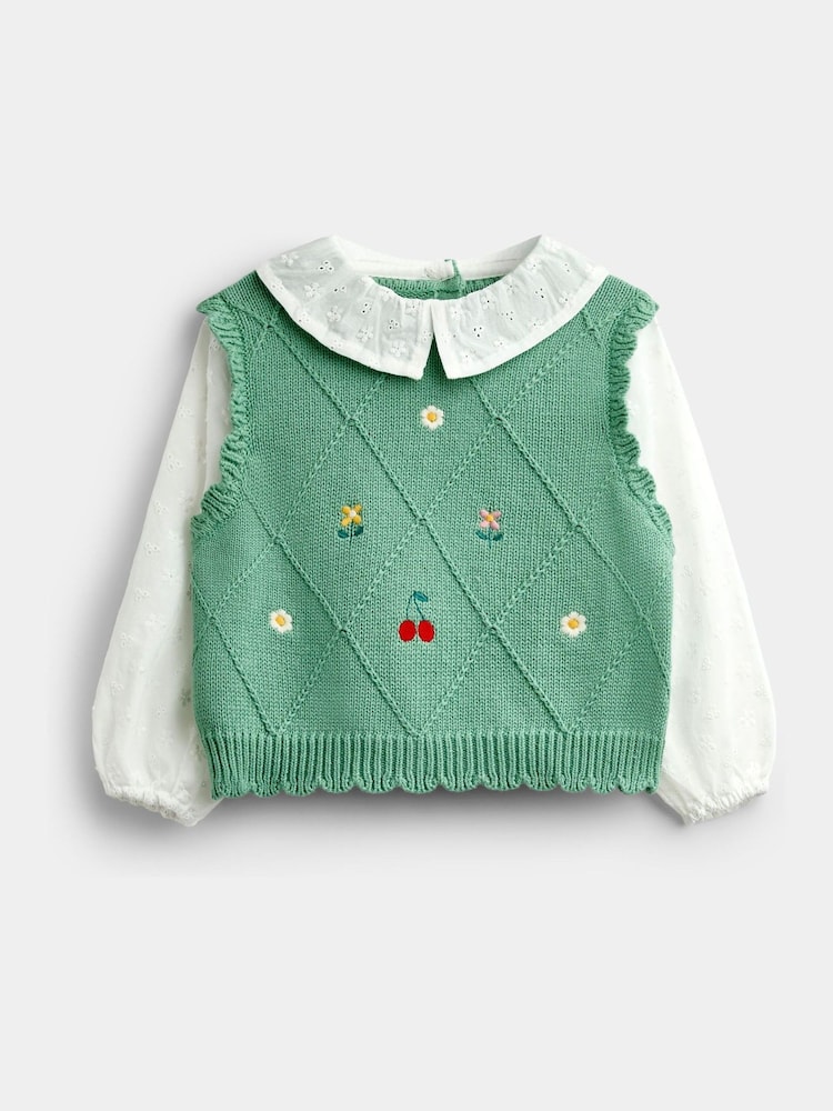 JoJo Maman Bébé Sage Green Cherry Woven & Knit Embroidered Collar Top - Image 1 of 4 JoJo Maman Bébé Sage Green Cherry Woven & Knit Embroidered Collar Top - Image 1 of 4