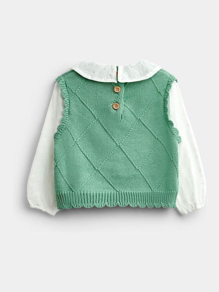 JoJo Maman Bébé Sage Green Cherry Woven & Knit Embroidered Collar Top - Image 2 of 4 JoJo Maman Bébé Sage Green Cherry Woven & Knit Embroidered Collar Top - Image 2 of 4