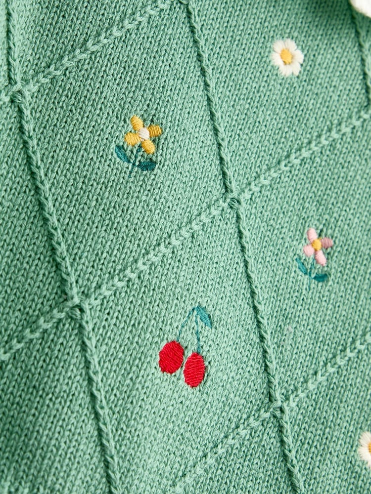 JoJo Maman Bébé Sage Green Cherry Woven & Knit Embroidered Collar Top - Image 4 of 4 JoJo Maman Bébé Sage Green Cherry Woven & Knit Embroidered Collar Top - Image 4 of 4