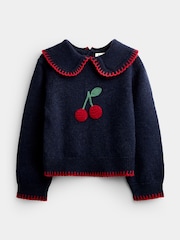 Jojo Maman Bébé Navy Blue Cherry Knit Jumper - Image 1 of 4