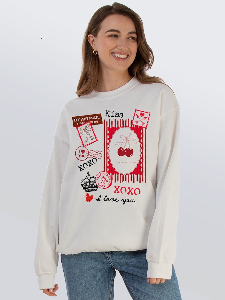 Brands In White Valentine's Day Stamps Sweat Top - Image 1 of 5 Brands In White Valentine's Day Stamps Sweat Top - Image 1 of 5