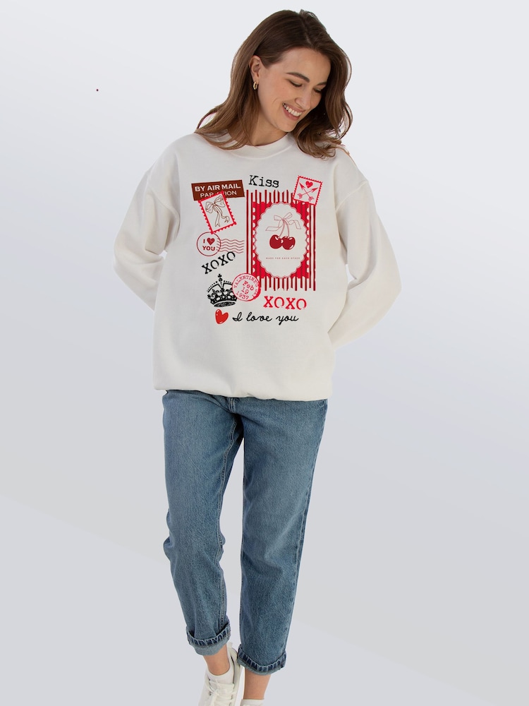 Brands In White Valentine's Day Stamps Sweat Top - Image 2 of 5 Brands In White Valentine's Day Stamps Sweat Top - Image 2 of 5