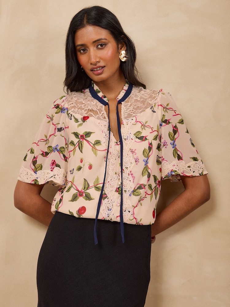 Love & Roses Blush Floral Lace Detail Blouse - Image 1 of 4 Love & Roses Blush Floral Lace Detail Blouse - Image 1 of 4