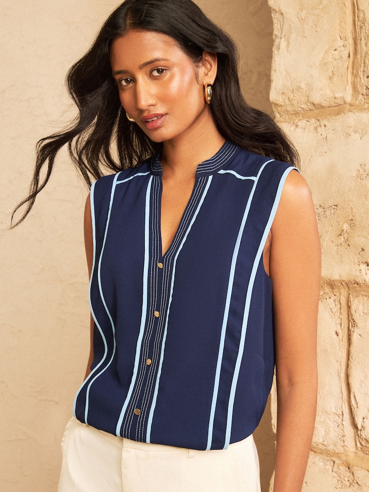 海军 - Love & Roses 撞色滚边细节无袖衬衫 - 4的图像4｝