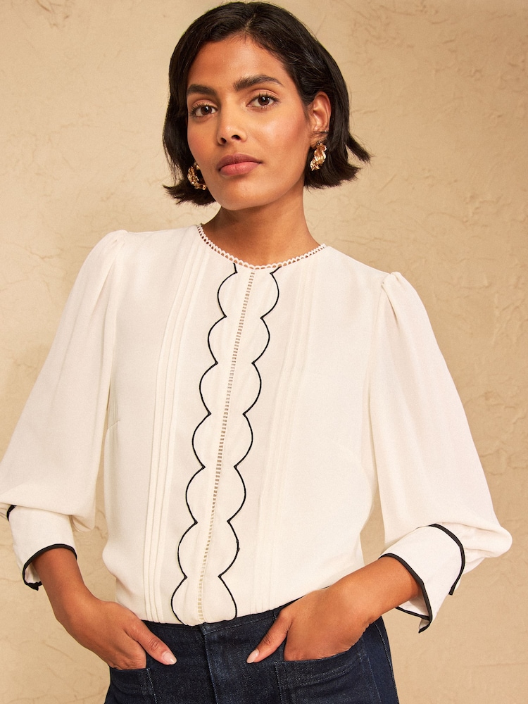 Love & Roses Ivory 3/4 Sleeve Scallop Detail Blouse - Image 1 of 4 Love & Roses Ivory 3/4 Sleeve Scallop Detail Blouse - Image 1 of 4