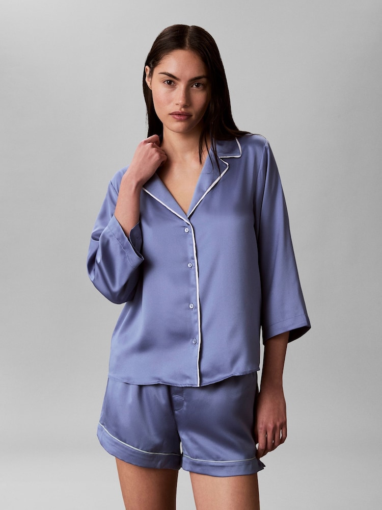 Calvin Klein Blue Satin Lounge Pyjama Shirt - Image 2 of 6 Calvin Klein Blue Satin Lounge Pyjama Shirt - Image 2 of 6