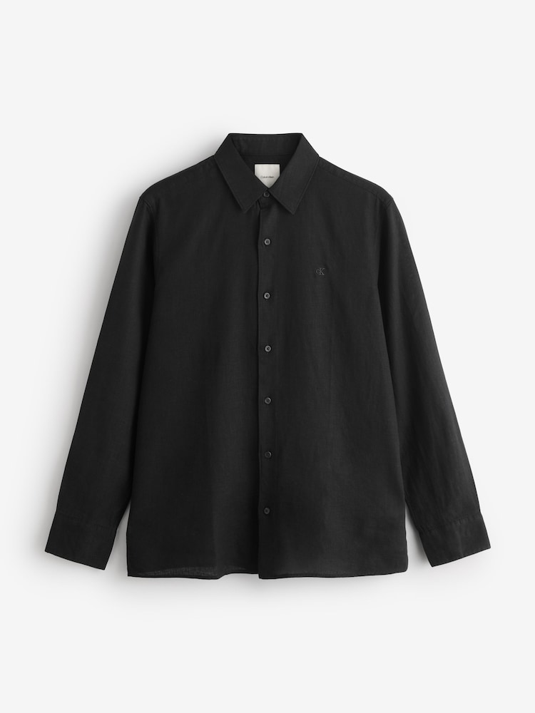 Calvin Klein Black Stretch Woven Linen Shirt - Image 2 of 2 Calvin Klein Black Stretch Woven Linen Shirt - Image 2 of 2