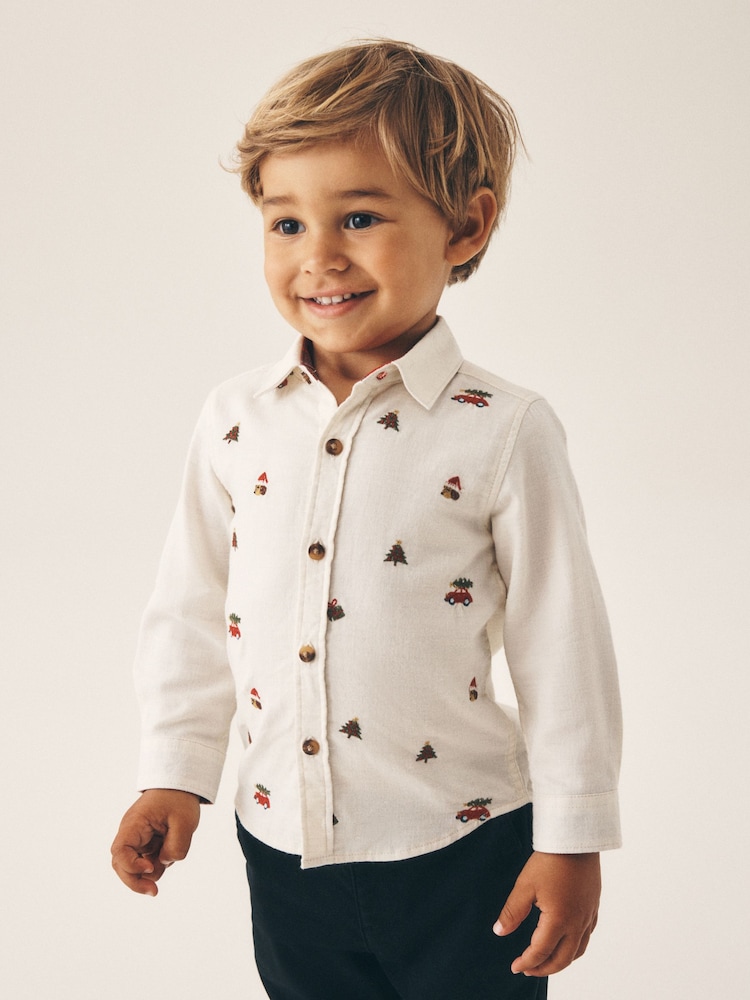 Ecru Long Sleeve All Over Embroidery Christmas Shirt (3mths-10yrs) - Image 1 of 4