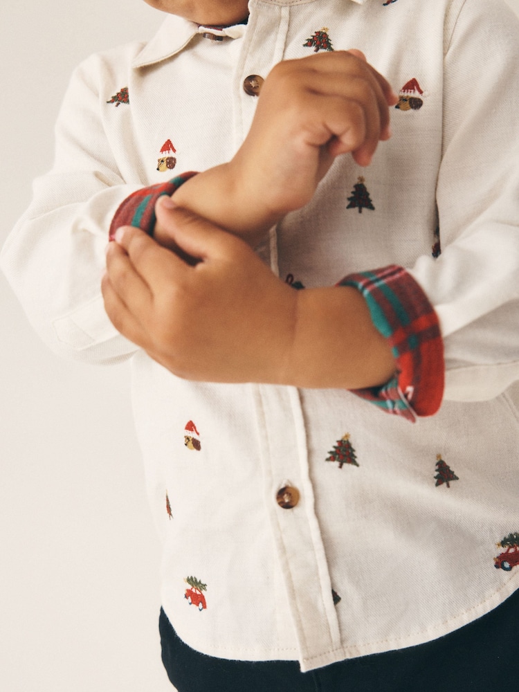 Ecru Long Sleeve All Over Embroidery Christmas Shirt (3mths-10yrs) - Image 4 of 4