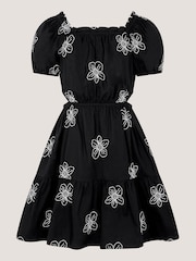 Monsoon Black Puff Sleeve Floral Embroidered Dress - Image 1 of 4