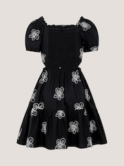 Monsoon Black Puff Sleeve Floral Embroidered Dress - Image 2 of 4
