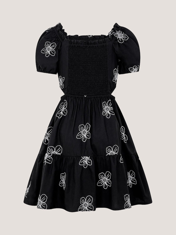 Monsoon Black Puff Sleeve Floral Embroidered Dress - Image 2 of 4