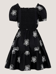 Monsoon Black Puff Sleeve Floral Embroidered Dress - Image 3 of 4