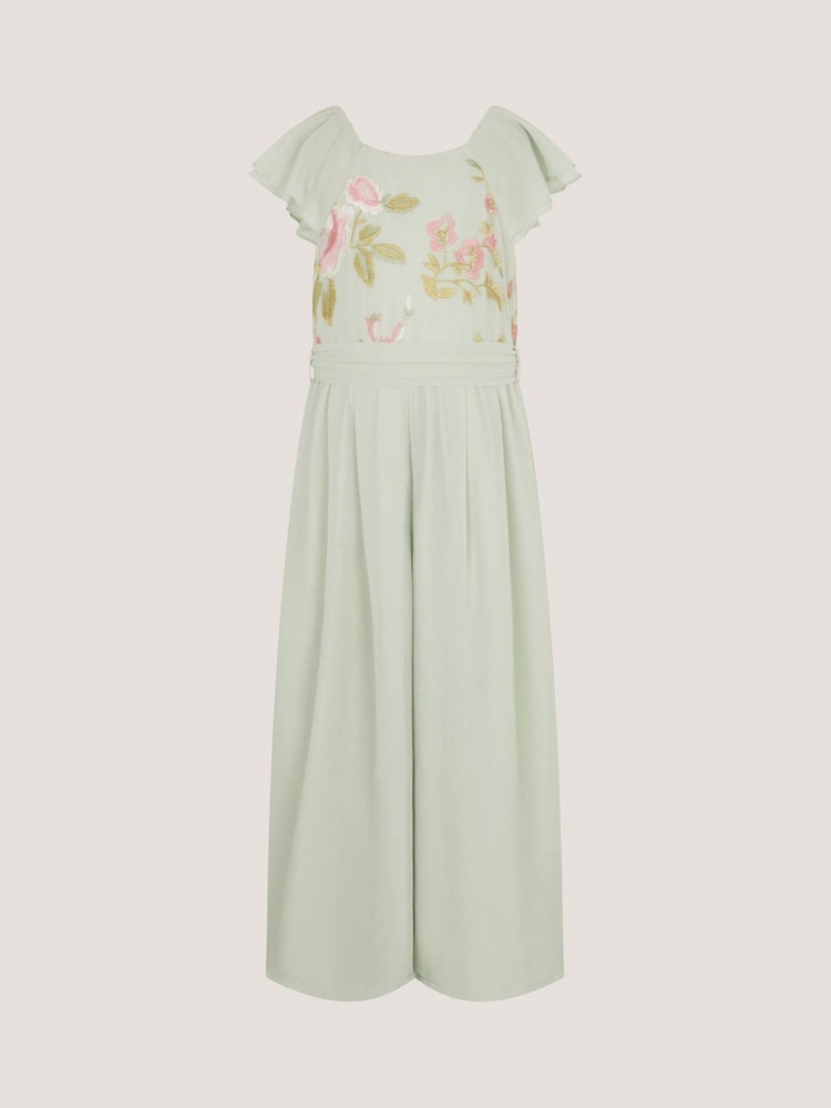 Monsoon Green Azalea Floral Embroidered Ruffle Jumpsuit - Image 1 of 3