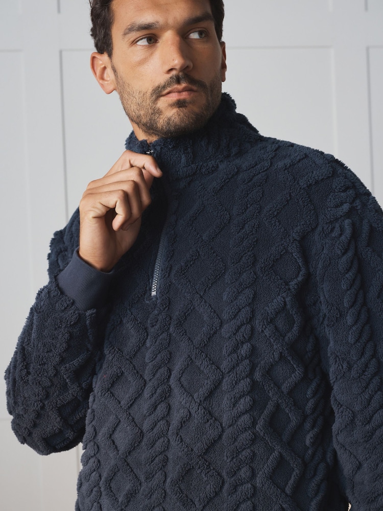 Navy Borg Half Zip Chunky Cable Fleece - Image 1 of 5 Navy Borg Half Zip Chunky Cable Fleece - Image 1 of 5