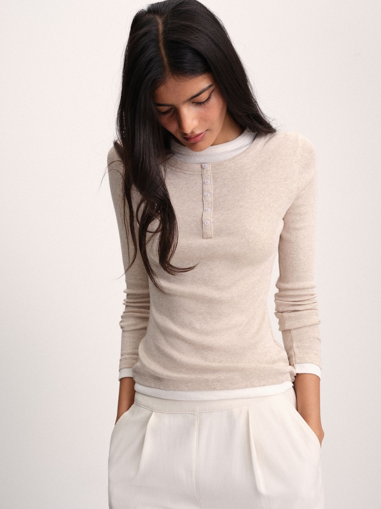 The Set 3 Pack Mock Layer Semi Sheer Henley Long Sleeve Tops Dark Navy/Brown/Oat - Image 1 of 10
