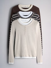 The Set 3 Pack Mock Layer Semi Sheer Henley Long Sleeve Tops Dark Navy/Brown/Oat - Image 2 of 10