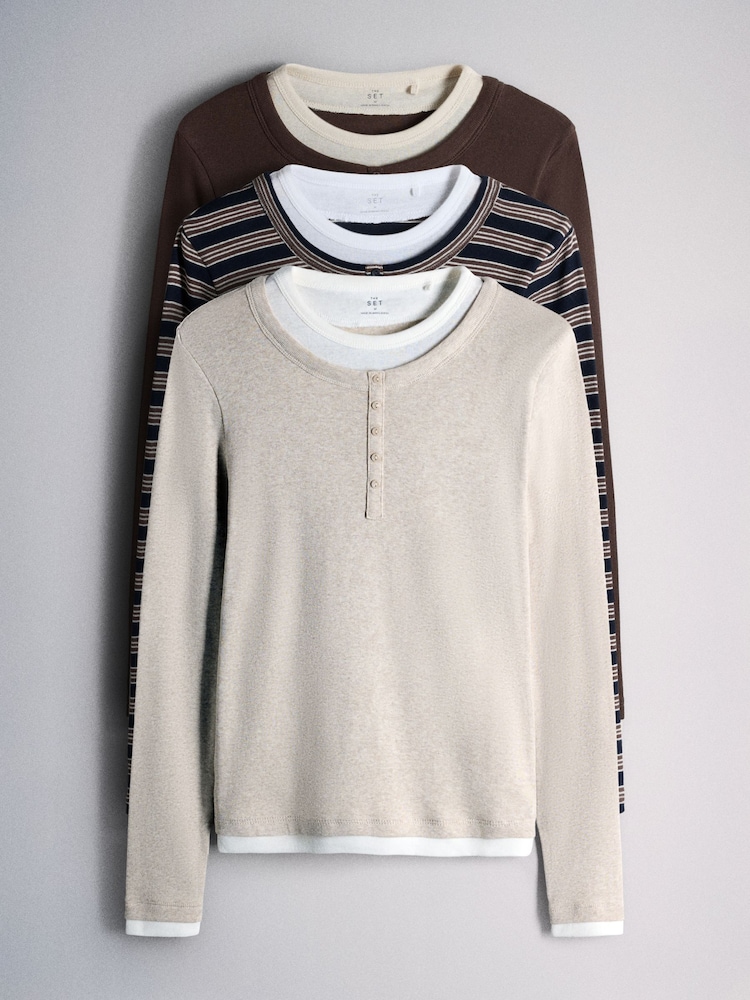 The Set 3 Pack Mock Layer Semi Sheer Henley Long Sleeve Tops Dark Navy/Brown/Oat - Image 2 of 10