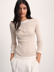 The Set 3 Pack Mock Layer Semi Sheer Henley Long Sleeve Tops Dark Navy/Brown/Oat - Image 5 of 10