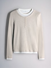 The Set 3 Pack Mock Layer Semi Sheer Henley Long Sleeve Tops Dark Navy/Brown/Oat - Image 6 of 10
