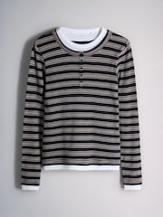 The Set 3 Pack Mock Layer Semi Sheer Henley Long Sleeve Tops Dark Navy/Brown/Oat - Image 7 of 10