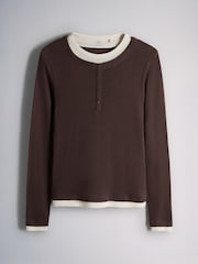 The Set 3 Pack Mock Layer Semi Sheer Henley Long Sleeve Tops Dark Navy/Brown/Oat - Image 8 of 10