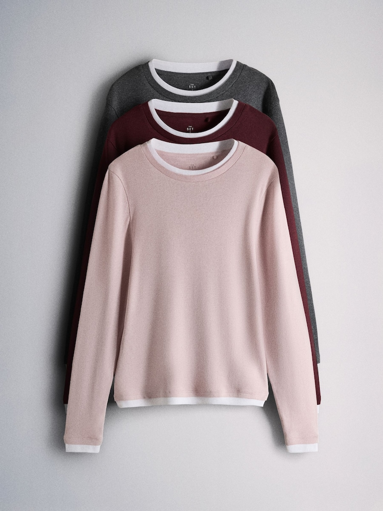 The Set Long Sleeve 3 Pack Mock Layer Semi Sheer Soft Touch T-Shirts Grey Marl/Pink/Burgundy - Image 1 of 6 The Set Long Sleeve 3 Pack Mock Layer Semi Sheer Soft Touch T-Shirts Grey Marl/Pink/Burgundy - Image 1 of 6