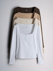 The Set 4 Pack Lace Henley Long Sleeve T-Shirts Brown/Oat Marl/Neutral/White - Image 2 of 11
