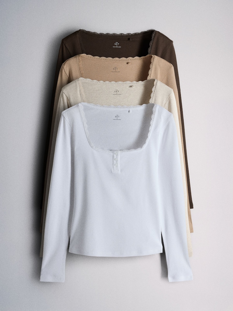 The Set 4 Pack Lace Henley Long Sleeve T-Shirts Brown/Oat Marl/Neutral/White - Image 2 of 11