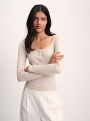 The Set 4 Pack Lace Henley Long Sleeve T-Shirts Brown/Oat Marl/Neutral/White - Image 4 of 11
