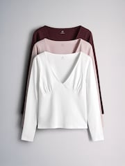 The Set 3 Pack V-Neck Gathered Long Sleeve Tops Burgundy Red/Pink/White - Image 1 of 9