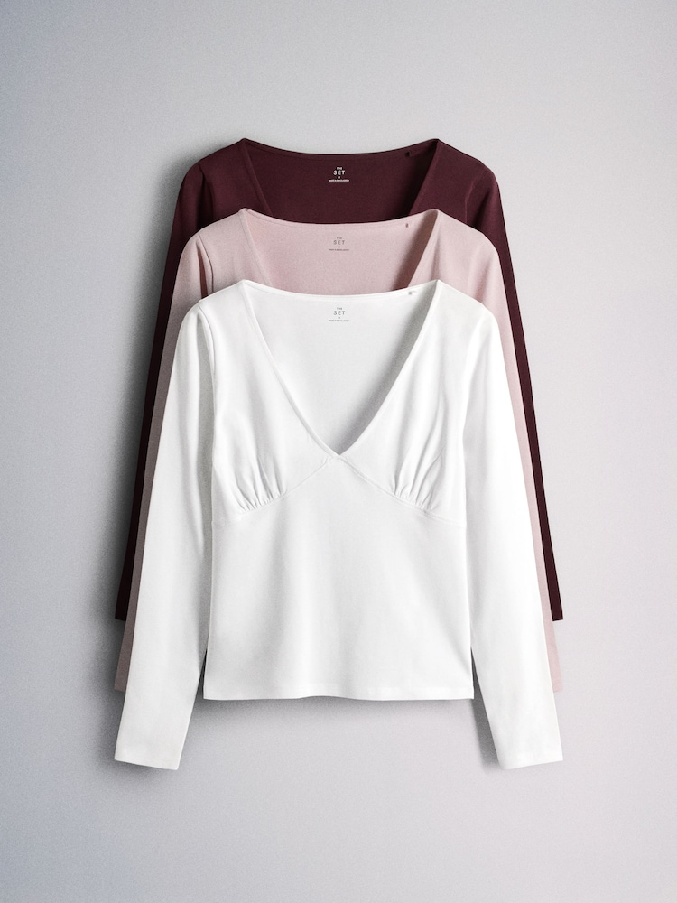 The Set 3 Pack V-Neck Gathered Long Sleeve Tops Burgundy Red/Pink/White - Image 1 of 9 The Set 3 Pack V-Neck Gathered Long Sleeve Tops Burgundy Red/Pink/White - Image 1 of 9