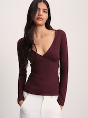 The Set 3 Pack V-Neck Gathered Long Sleeve Tops Burgundy Red/Pink/White - Image 4 of 9