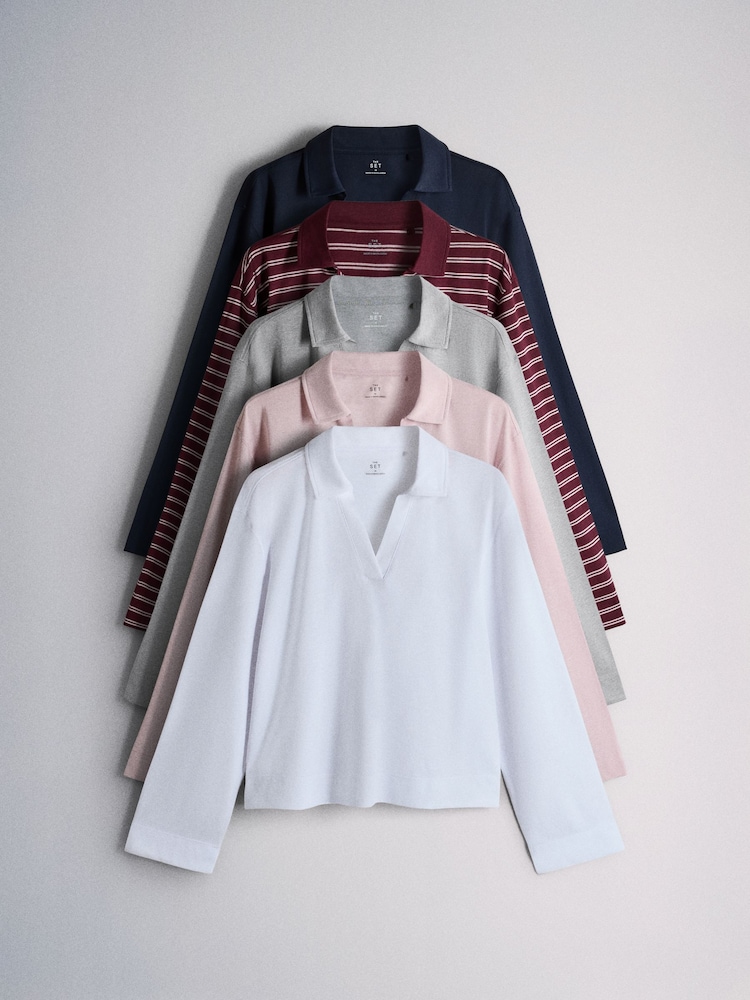 The Set 5 Pack Trophy Neck Essentials Lightweight Longsleeve T-Shirts Navy/Pink/Grey/White/Burgundy Stripe - Image 1 of 8