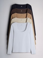 The Set 5 Pack Long Sleeve Ribbed Lace Scoop Tops Navy/Brown/Tan/White/Oat Marl - Image 1 of 12
