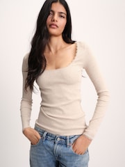 The Set 5 Pack Long Sleeve Ribbed Lace Scoop Tops Navy/Brown/Tan/White/Oat Marl - Image 2 of 12