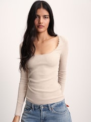 The Set 5 Pack Long Sleeve Ribbed Lace Scoop Tops Navy/Brown/Tan/White/Oat Marl - Image 3 of 12