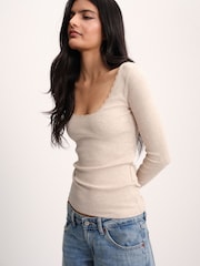 The Set 5 Pack Long Sleeve Ribbed Lace Scoop Tops Navy/Brown/Tan/White/Oat Marl - Image 4 of 12