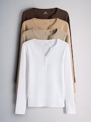 The Set 4 Pack Long Sleeve Button Henley T-Shirts Brown/Neutral/Oat Marl/White - Image 1 of 7