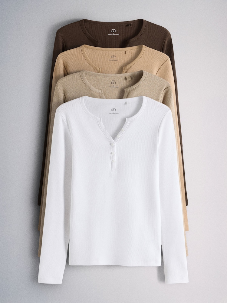 The Set 4 Pack Long Sleeve Button Henley T-Shirts Brown/Neutral/Oat Marl/White - Image 1 of 7