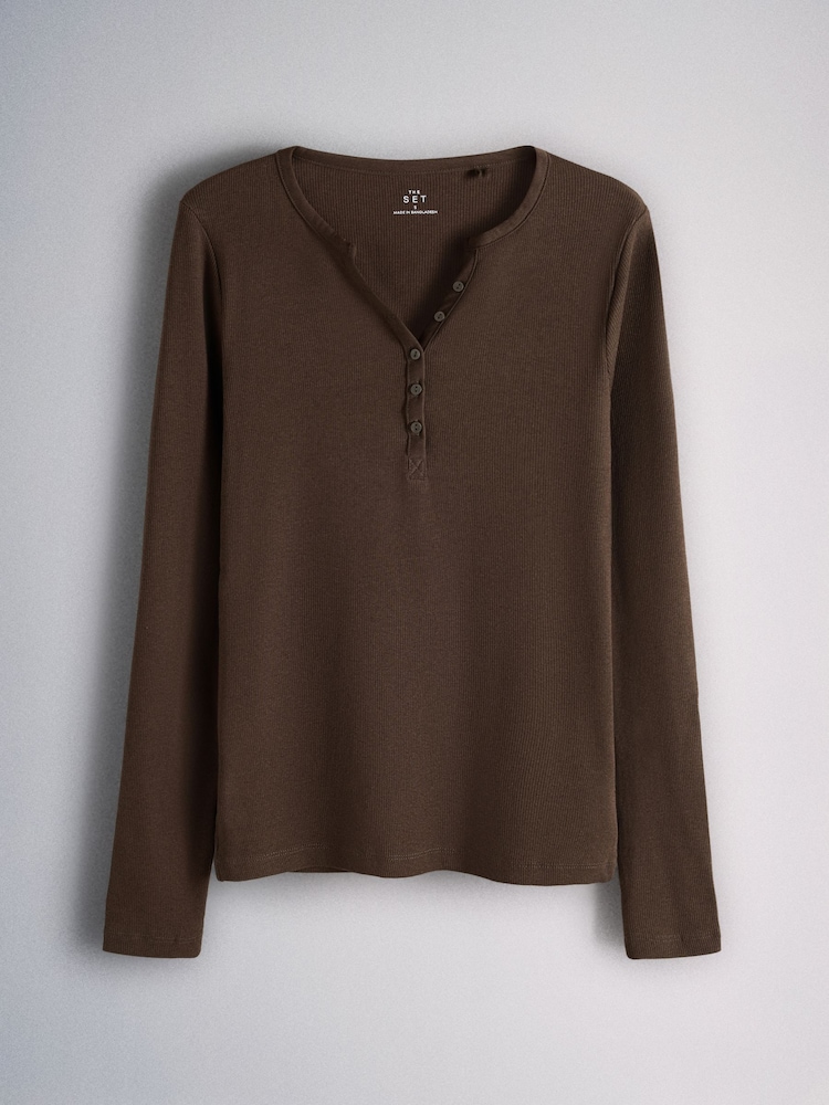 The Set 4 Pack Long Sleeve Button Henley T-Shirts Brown/Neutral/Oat Marl/White - Image 2 of 7