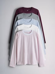The Set 5 Pack 100% Cotton Relaxed Long Sleeve T-Shirts Blue/Burgundy/Grey Marl/White/Stripe - Image 1 of 8