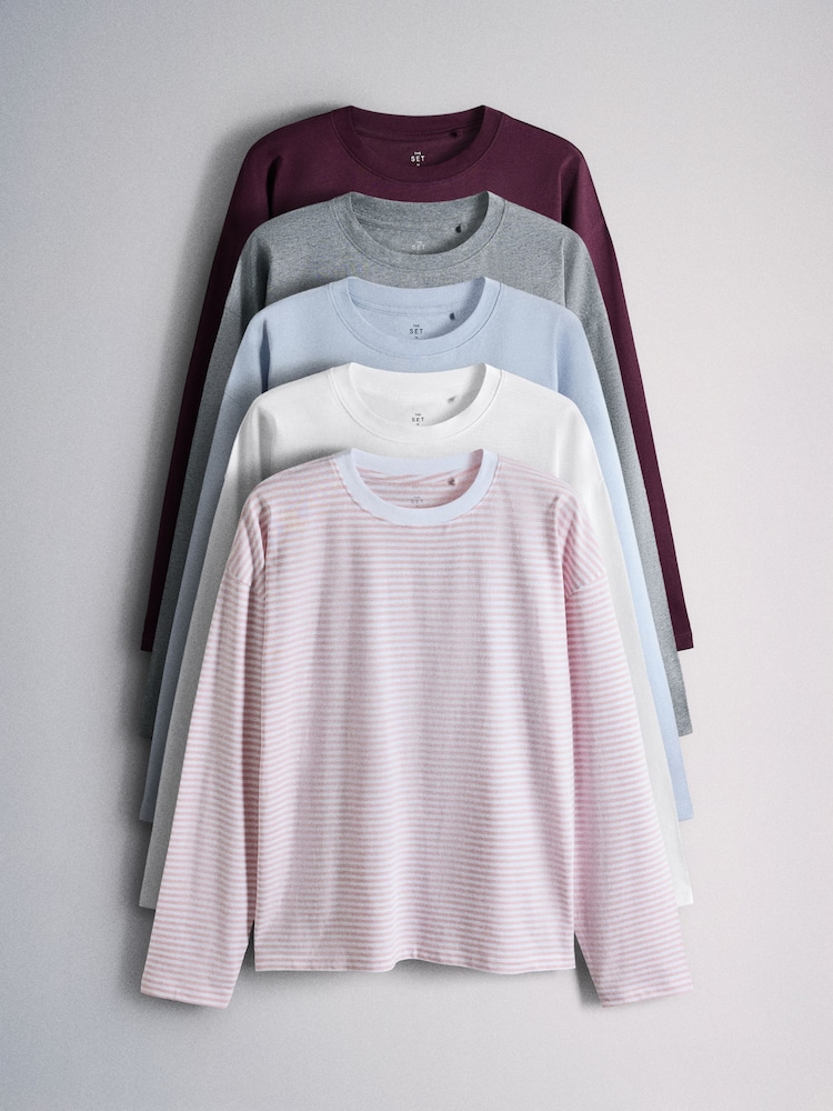 The Set 5 Pack 100% Cotton Relaxed Long Sleeve T-Shirts Blue/Burgundy/Grey Marl/White/Stripe - Image 1 of 8